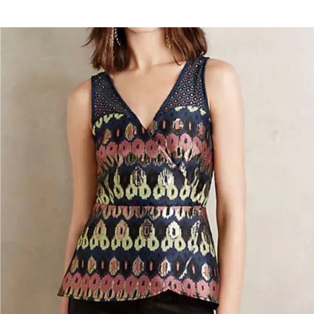 ANTHROPOLOGIE - Gold, Pink, Blue Sleeveless Peplum V-Neck Blouse 💛🩷💙